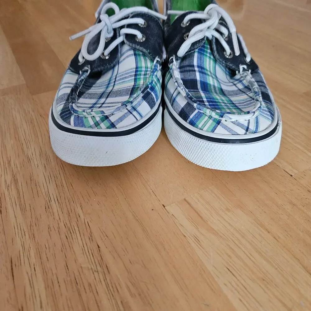 Sperry Top Sider Blue Green Plaid Boat Shoes sz 7.5M